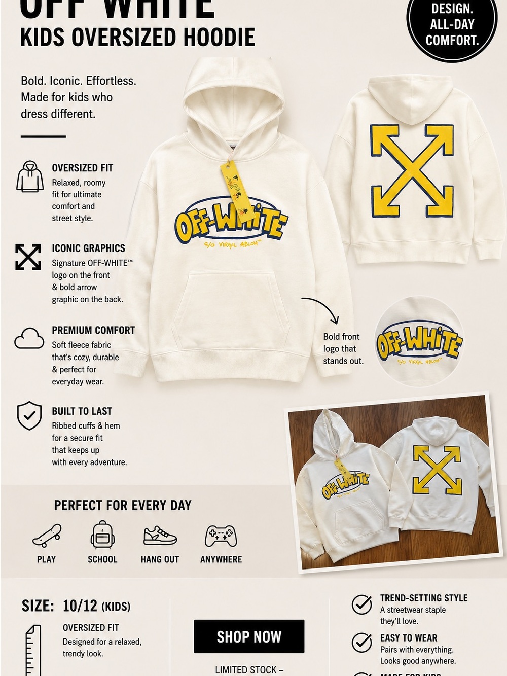 Off-White Kids Hoodie in Cream with Yellow Logo